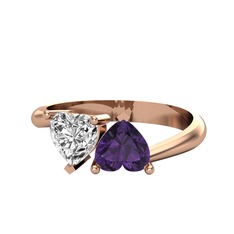 İkili Ena Kalp Yüzük - Swarovski ve ametist 925 ayar rose altın kaplama gümüş yüzük #14avov