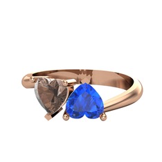 İkili Ena Kalp Yüzük - Dumanlı kuvars ve lab safir 14 ayar rose altın yüzük #14psabr