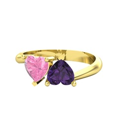 İkili Ena Kalp Yüzük - Pembe kuvars ve ametist 18 ayar altın yüzük #158z7nw