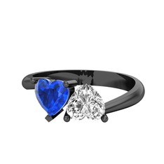 İkili Ena Kalp Yüzük - Lab safir ve beyaz zirkon 925 ayar siyah rodyum kaplama gümüş yüzük #164m7s5