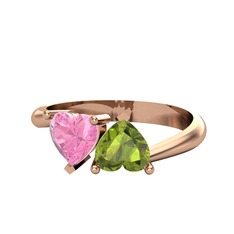 İkili Ena Kalp Yüzük - Pembe kuvars ve peridot 925 ayar rose altın kaplama gümüş yüzük #16ewc8k