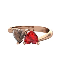 İkili Ena Kalp Yüzük - Dumanlı kuvars ve garnet 18 ayar rose altın yüzük #1954wvp