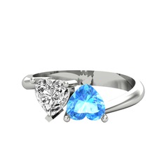 İkili Ena Kalp Yüzük - Swarovski ve akuamarin 14 ayar beyaz altın yüzük #19ddqhr