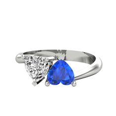Swarovski ve lab safir 14 ayar beyaz altın yüzük
