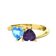 İkili Ena Kalp Yüzük - Akuamarin ve ametist 14 ayar altın yüzük #1assjtm