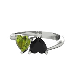 İkili Ena Kalp Yüzük - Peridot ve siyah zirkon 14 ayar beyaz altın yüzük #1bbkmho