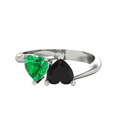 İkili Ena Kalp Yüzük - Yeşil kuvars ve siyah zirkon 925 ayar gümüş yüzük #1bre2bj