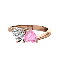 İkili Ena Kalp Yüzük - Swarovski ve pembe kuvars 925 ayar rose altın kaplama gümüş yüzük #1bvm3r2