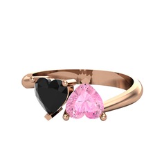 İkili Ena Kalp Yüzük - Siyah zirkon ve pembe kuvars 8 ayar rose altın yüzük #1cj9uhn