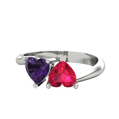 İkili Ena Kalp Yüzük - Ametist ve rodolit garnet 14 ayar beyaz altın yüzük #1czkonb