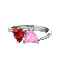 Garnet ve pembe kuvars 14 ayar beyaz altın yüzük
