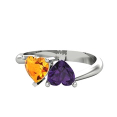 İkili Ena Kalp Yüzük - Sitrin ve ametist 925 ayar gümüş yüzük #1deh912