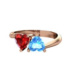 İkili Ena Kalp Yüzük - Garnet ve akuamarin 8 ayar rose altın yüzük #1exvy1r