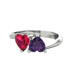 İkili Ena Kalp Yüzük - Rodolit garnet ve ametist 8 ayar beyaz altın yüzük #1f0afo4