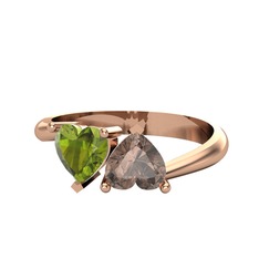 İkili Ena Kalp Yüzük - Peridot ve dumanlı kuvars 18 ayar rose altın yüzük #1gbyy0s