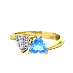 İkili Ena Kalp Yüzük - Swarovski ve akuamarin 925 ayar altın kaplama gümüş yüzük #1kb8sk1