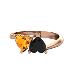İkili Ena Kalp Yüzük - Sitrin ve siyah zirkon 925 ayar rose altın kaplama gümüş yüzük #1nxgxb4