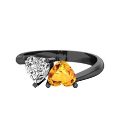 İkili Ena Kalp Yüzük - Swarovski ve sitrin 925 ayar siyah rodyum kaplama gümüş yüzük #1o737ap