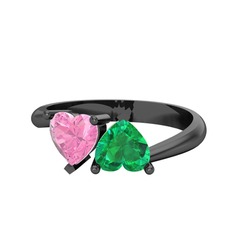 İkili Ena Kalp Yüzük - Pembe kuvars ve yeşil kuvars 925 ayar siyah rodyum kaplama gümüş yüzük #1ofn92o