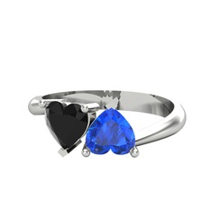 İkili Ena Kalp Yüzük - Siyah zirkon ve lab safir 18 ayar beyaz altın yüzük #1ptu13y