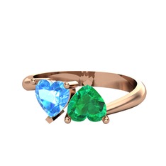 İkili Ena Kalp Yüzük - Akuamarin ve yeşil kuvars 925 ayar rose altın kaplama gümüş yüzük #1rrgup2