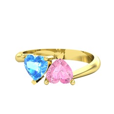 Akuamarin ve pembe kuvars 14 ayar altın yüzük