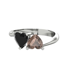 İkili Ena Kalp Yüzük - Siyah zirkon ve dumanlı kuvars 8 ayar beyaz altın yüzük #1tmexl2