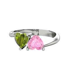 Peridot ve pembe kuvars 8 ayar beyaz altın yüzük