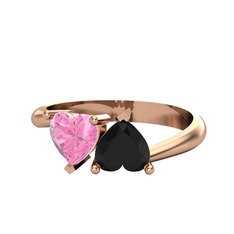 İkili Ena Kalp Yüzük - Pembe kuvars ve siyah zirkon 18 ayar rose altın yüzük #1uyv0ey