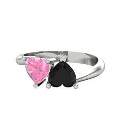 Pembe kuvars ve siyah zirkon 14 ayar beyaz altın yüzük
