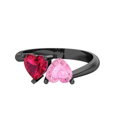 İkili Ena Kalp Yüzük - Rodolit garnet ve pembe kuvars 925 ayar siyah rodyum kaplama gümüş yüzük #1x29wzm