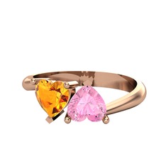 İkili Ena Kalp Yüzük - Sitrin ve pembe kuvars 8 ayar rose altın yüzük #1xgw48p
