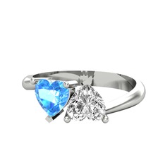 İkili Ena Kalp Yüzük - Akuamarin ve swarovski 18 ayar beyaz altın yüzük #1ydedi6