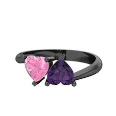 İkili Ena Kalp Yüzük - Pembe kuvars ve ametist 925 ayar siyah rodyum kaplama gümüş yüzük #1yfpq9u