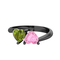 Peridot ve pembe kuvars 925 ayar siyah rodyum kaplama gümüş yüzük