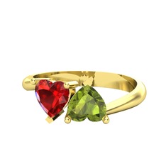 İkili Ena Kalp Yüzük - Garnet ve peridot 18 ayar altın yüzük #389uhw