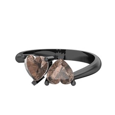 İkili Ena Kalp Yüzük - Dumanlı kuvars 925 ayar siyah rodyum kaplama gümüş yüzük #3vl5h4