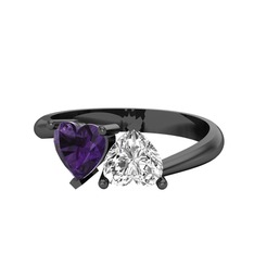 İkili Ena Kalp Yüzük - Ametist ve beyaz zirkon 925 ayar siyah rodyum kaplama gümüş yüzük #438sch