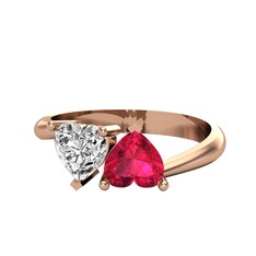 İkili Ena Kalp Yüzük - Swarovski ve rodolit garnet 18 ayar rose altın yüzük #4rx5kx