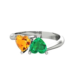 İkili Ena Kalp Yüzük - Sitrin ve yeşil kuvars 18 ayar beyaz altın yüzük #4tu09y