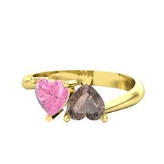 İkili Ena Kalp Yüzük - Pembe kuvars ve dumanlı kuvars 8 ayar altın yüzük #6fr1la