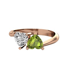 İkili Ena Kalp Yüzük - Beyaz zirkon ve peridot 14 ayar rose altın yüzük #6kdujv