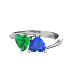 İkili Ena Kalp Yüzük - Yeşil kuvars ve lab safir 18 ayar beyaz altın yüzük #6w8h1y