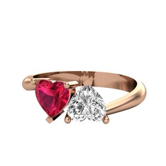İkili Ena Kalp Yüzük - Rodolit garnet ve swarovski 14 ayar rose altın yüzük #7wlt06