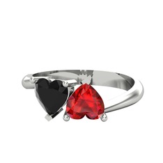 İkili Ena Kalp Yüzük - Siyah zirkon ve garnet 14 ayar beyaz altın yüzük #8f6kg