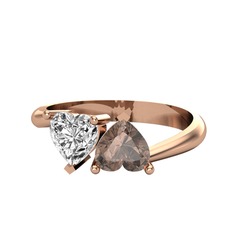 İkili Ena Kalp Yüzük - Swarovski ve dumanlı kuvars 14 ayar rose altın yüzük #8hlxcn