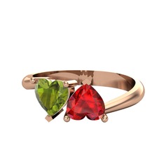 İkili Ena Kalp Yüzük - Peridot ve garnet 8 ayar rose altın yüzük #9205v9