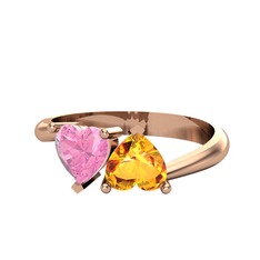 İkili Ena Kalp Yüzük - Pembe kuvars ve sitrin 925 ayar rose altın kaplama gümüş yüzük #975wrg