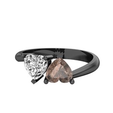 İkili Ena Kalp Yüzük - Swarovski ve dumanlı kuvars 925 ayar siyah rodyum kaplama gümüş yüzük #9b58v