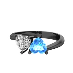 İkili Ena Kalp Yüzük - Swarovski ve akuamarin 925 ayar siyah rodyum kaplama gümüş yüzük #a9d58d